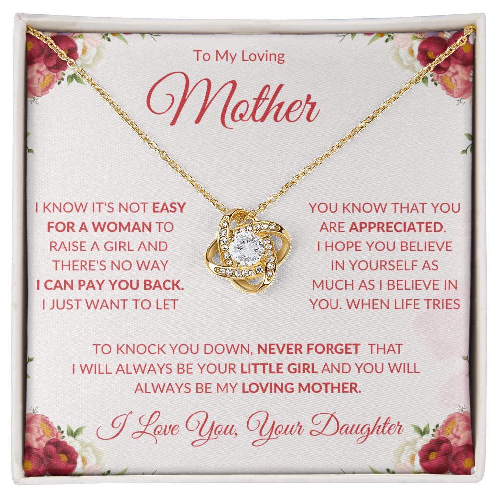 TO MY LOVING MOTHER FROM DAUGHTER LOVE KNOT NECKLACE