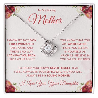 TO MY LOVING MOTHER FROM DAUGHTER LOVE KNOT NECKLACE