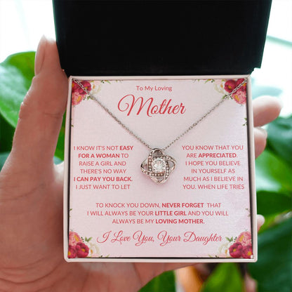 TO MY LOVING MOTHER FROM DAUGHTER LOVE KNOT NECKLACE